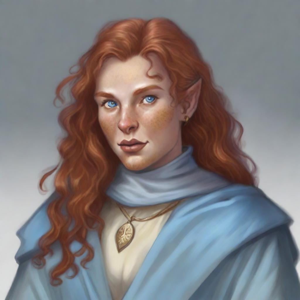 A detailed illustration of a 26-year-old female half-orc with long, curly, strawberry blonde hair, gray-blue eyes, and freckles