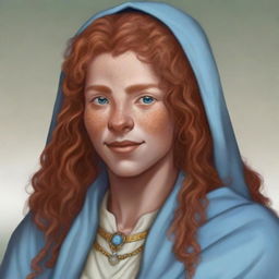 A detailed illustration of a 26-year-old female half-orc with long, curly, strawberry blonde hair, gray-blue eyes, and freckles