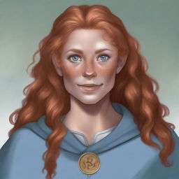 A detailed illustration of a 26-year-old female half-orc with long, curly, strawberry blonde hair, gray-blue eyes, and freckles