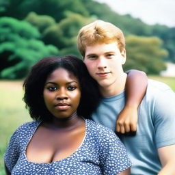 The head of a white teenage man on the body of a middle-aged black woman with curves