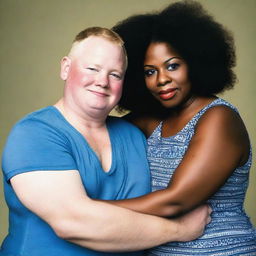 The head of a white teenage man is seamlessly attached to the body of a middle-aged black woman with curves