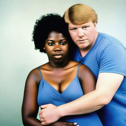 The head of a white teenage man is seamlessly attached to the body of a middle-aged black woman with curves