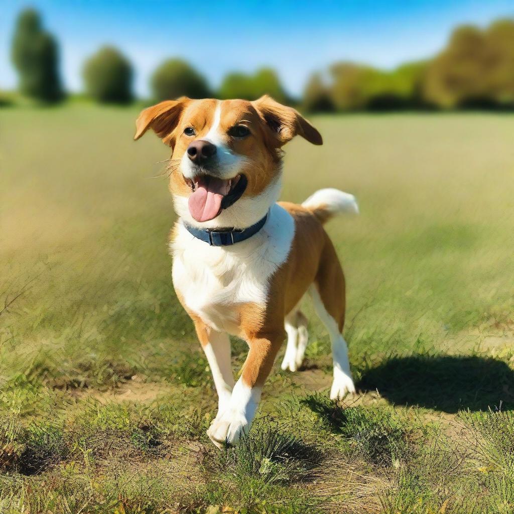 A cute and friendly dog standing in a grassy park with a bright blue sky