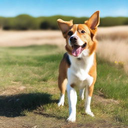 A cute and friendly dog standing in a grassy park with a bright blue sky