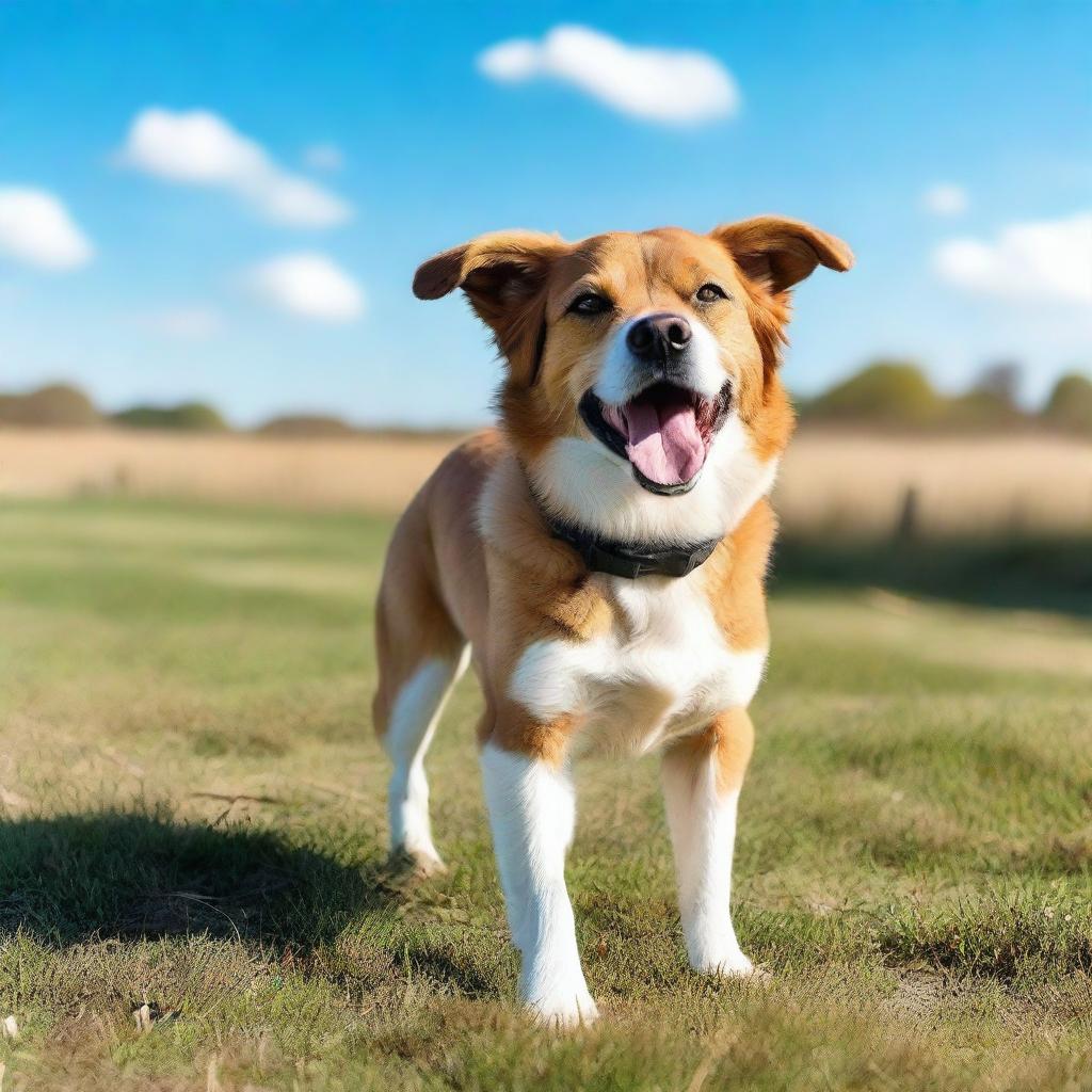 A cute and friendly dog standing in a grassy park with a bright blue sky