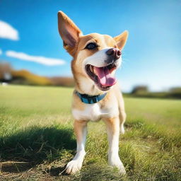 A cute and friendly dog standing in a grassy park with a bright blue sky