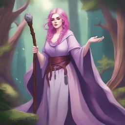 A detailed illustration of a pretty firbolg woman who is overweight with pink hair