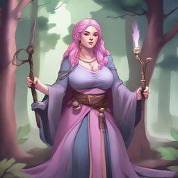 A detailed illustration of a pretty firbolg woman who is overweight with pink hair