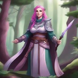 A detailed illustration of a pretty firbolg woman who is overweight with pink hair