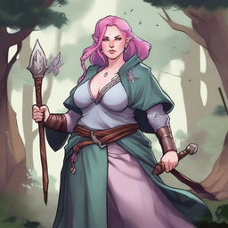 A detailed illustration of a pretty firbolg woman who is overweight with pink hair