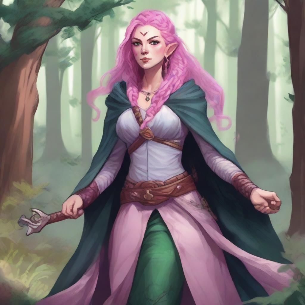 A detailed illustration of a pretty firbolg woman who is overweight with pink hair