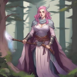 A detailed illustration of a pretty firbolg woman who is overweight with pink hair