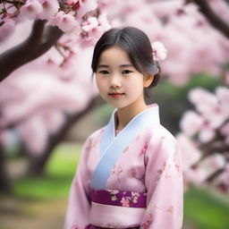 A portrait of an Asian girl with a petite figure, featuring a gentle and serene expression