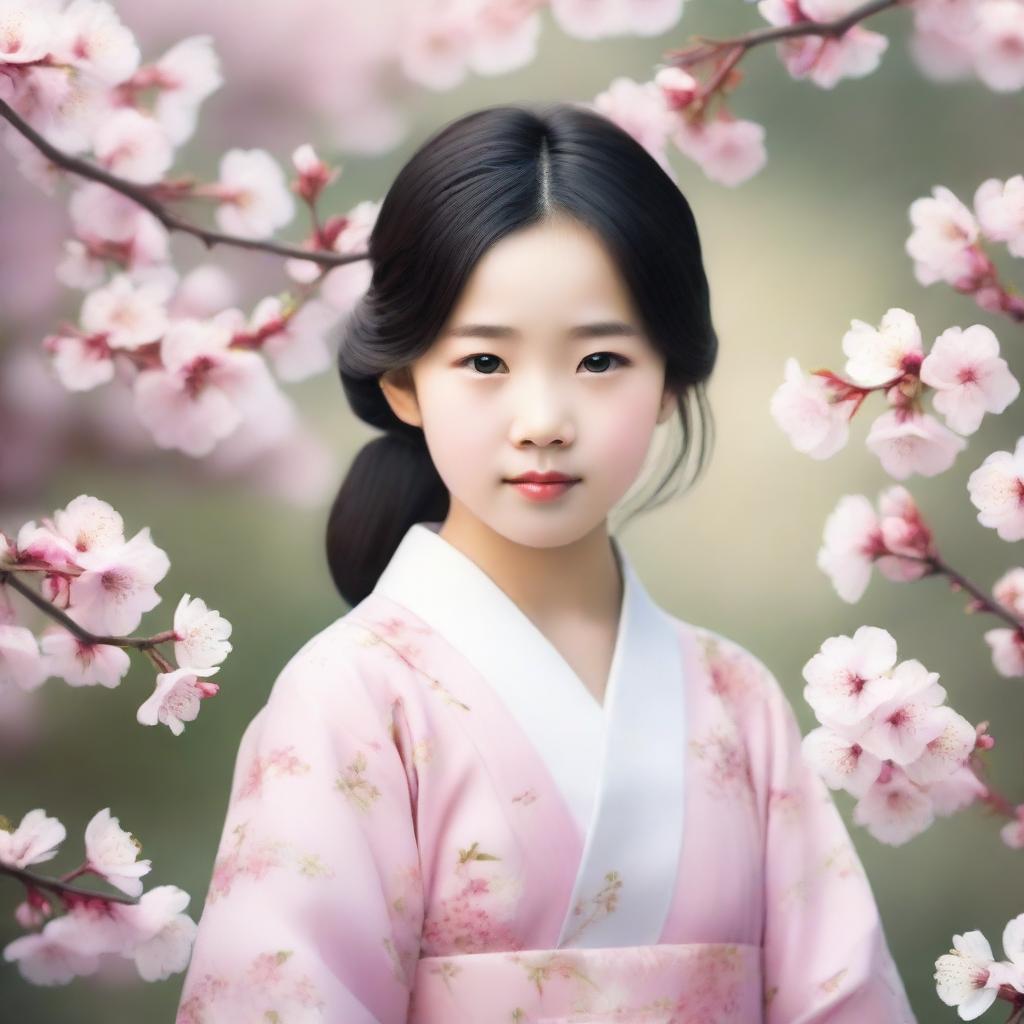 A portrait of an Asian girl with a petite figure, featuring a gentle and serene expression