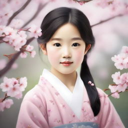 A portrait of an Asian girl with a petite figure, featuring a gentle and serene expression