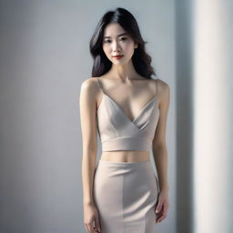 A portrait of an Asian woman with a slender figure, featuring a small waist and petite chest