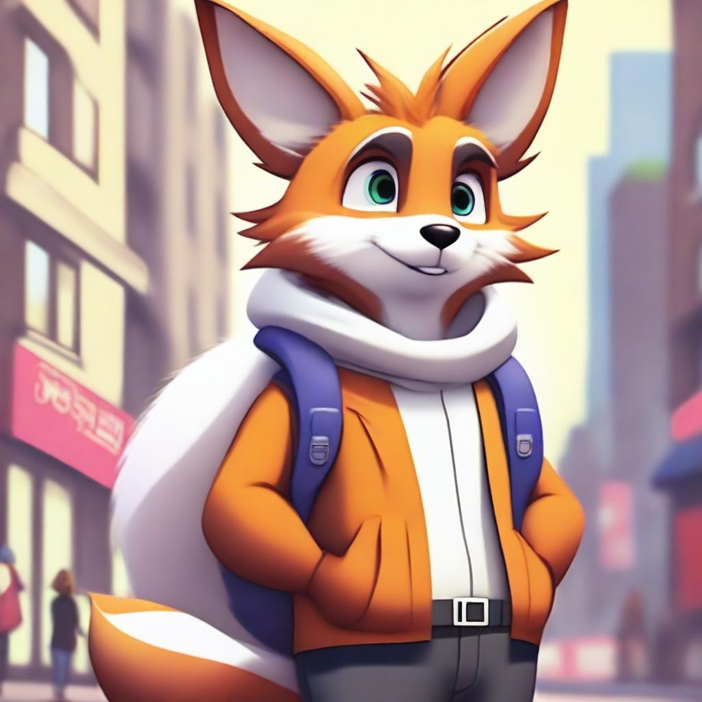 A detailed and vibrant image of a furry character, featuring animal-like traits such as fur, tails, and ears, while wearing modern clothing