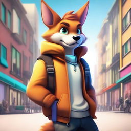 A detailed and vibrant image of a furry character, featuring animal-like traits such as fur, tails, and ears, while wearing modern clothing