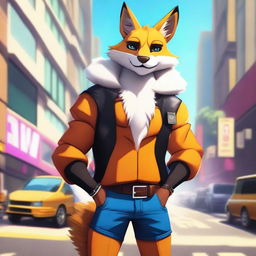 A detailed and vibrant image of a furry character, featuring animal-like traits such as fur, tails, and ears, while wearing stylish and slightly revealing clothing