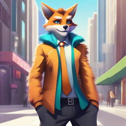 A detailed and vibrant image of a furry character, featuring animal-like traits such as fur, tails, and ears, while wearing stylish and slightly revealing clothing