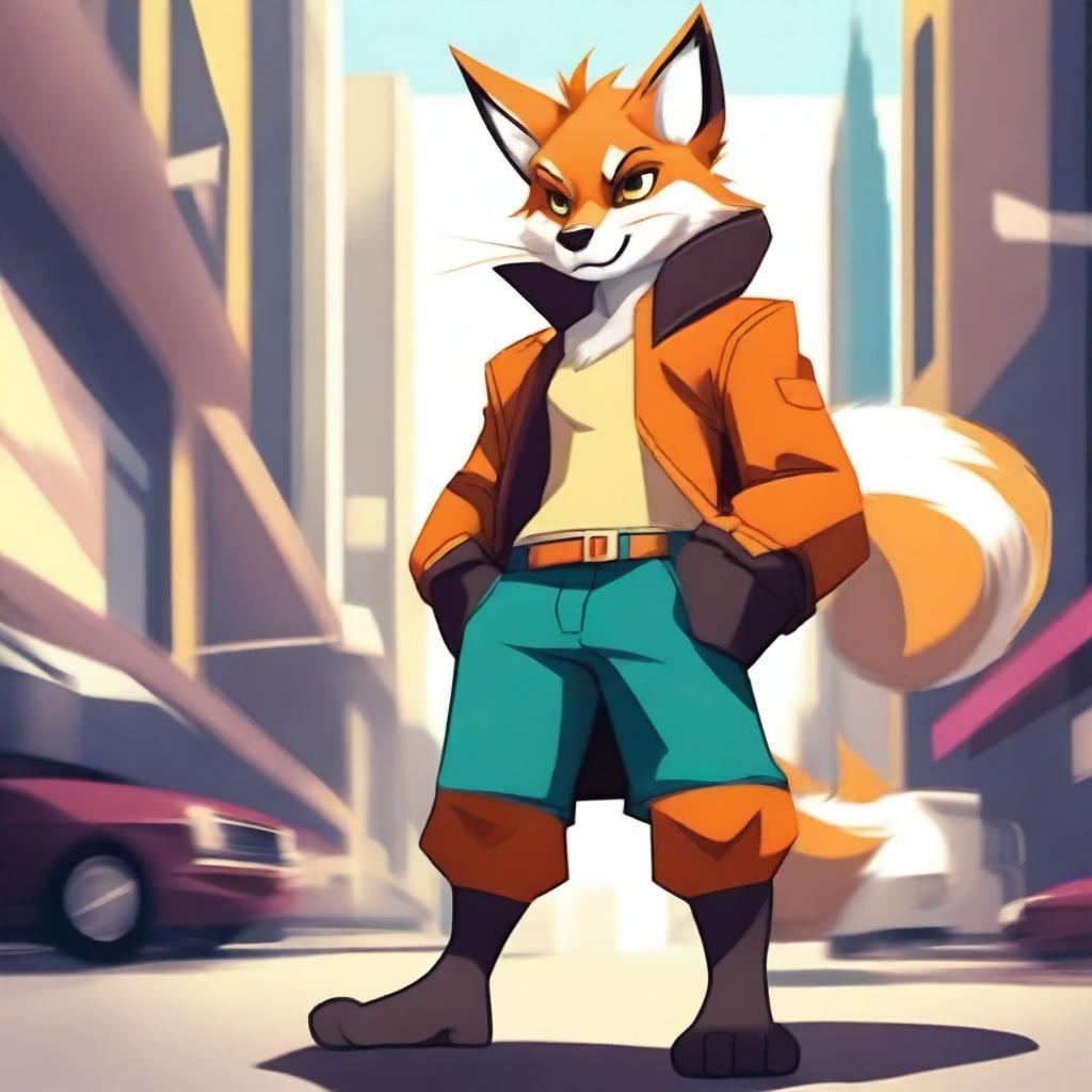 A detailed and vibrant image of a furry character, featuring animal-like traits such as fur, tails, and ears, while wearing stylish and slightly revealing clothing