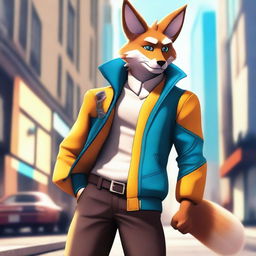 A detailed and vibrant image of a furry character, featuring animal-like traits such as fur, tails, and ears, while wearing stylish and slightly revealing clothing