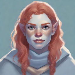 A detailed illustration of a 26-year-old female orc with long, curly, strawberry blonde hair, pale skin, gray-blue eyes, and freckles