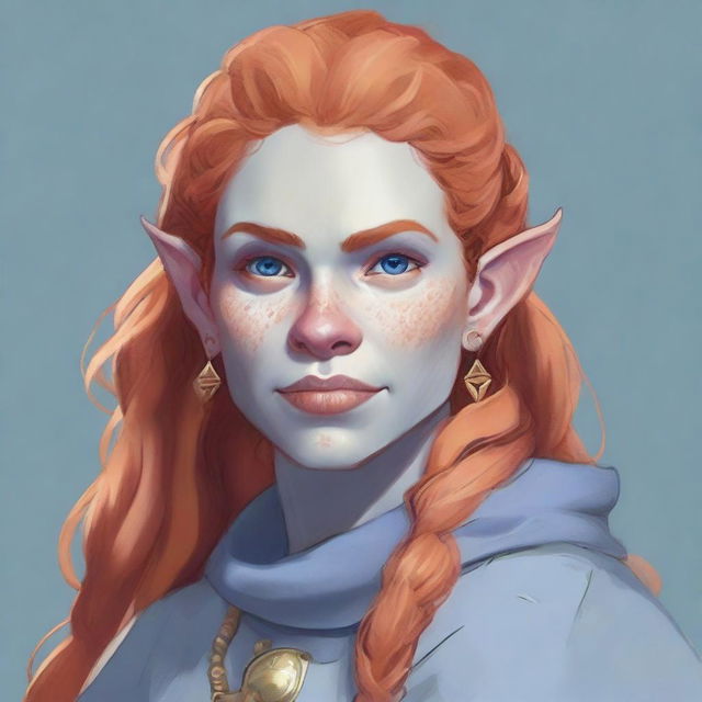 A detailed illustration of a 26-year-old female orc with long, curly, strawberry blonde hair, pale skin, gray-blue eyes, and freckles