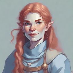 A detailed illustration of a 26-year-old female orc with long, curly, strawberry blonde hair, pale skin, gray-blue eyes, and freckles