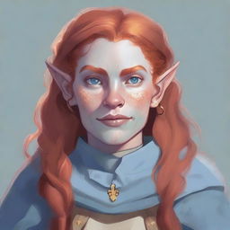 A detailed illustration of a 26-year-old female orc with long, curly, strawberry blonde hair, pale skin, gray-blue eyes, and freckles