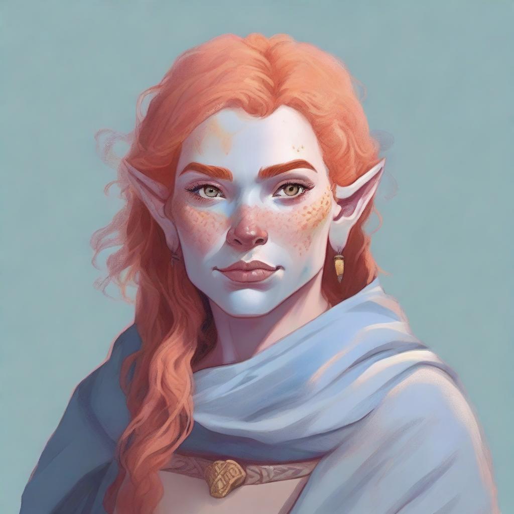 A detailed illustration of a 26-year-old female orc with long, curly, strawberry blonde hair, pale peach skin, gray-blue eyes, and freckles