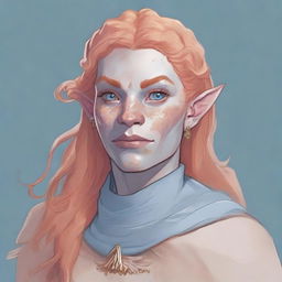 A detailed illustration of a 26-year-old female orc with long, curly, strawberry blonde hair, pale peach skin, gray-blue eyes, and freckles