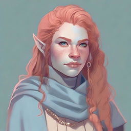 A detailed illustration of a 26-year-old female orc with long, curly, strawberry blonde hair, pale peach skin, gray-blue eyes, and freckles