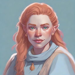 A detailed illustration of a 26-year-old female orc with long, curly, strawberry blonde hair, pale peach skin, gray-blue eyes, and freckles