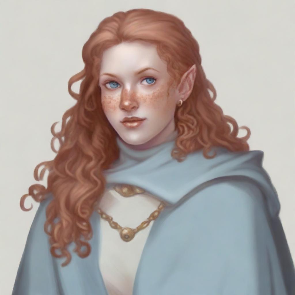 A female 26-year-old half-orc with long curly, strawberry blonde hair, pale peach skin, gray-blue eyes, and freckles