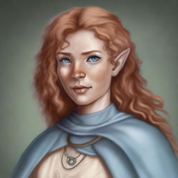 A female 26-year-old half-orc with long curly, strawberry blonde hair, pale peach skin, gray-blue eyes, and freckles