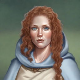 A female 26-year-old half-orc with long curly, strawberry blonde hair, pale peach skin, gray-blue eyes, and freckles