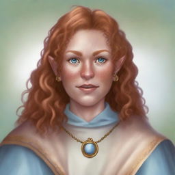 A female 26-year-old half-orc with long curly, strawberry blonde hair, pale peach skin, gray-blue eyes, and freckles