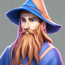 A 30-year-old male wizard with a long brown beard, peach skin, and brown eyes