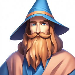 A 30-year-old male wizard with a long brown beard, peach skin, and brown eyes