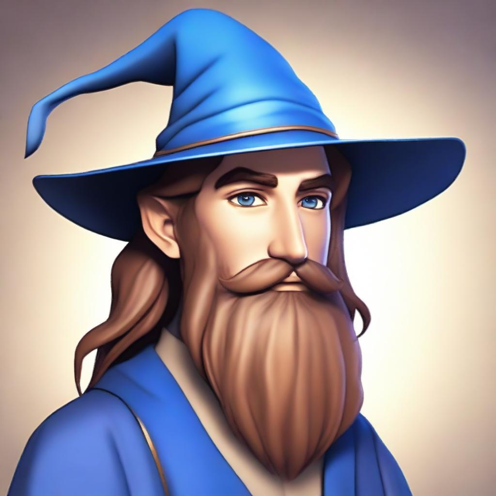 A 30-year-old male wizard with a long brown beard, peach skin, and brown eyes