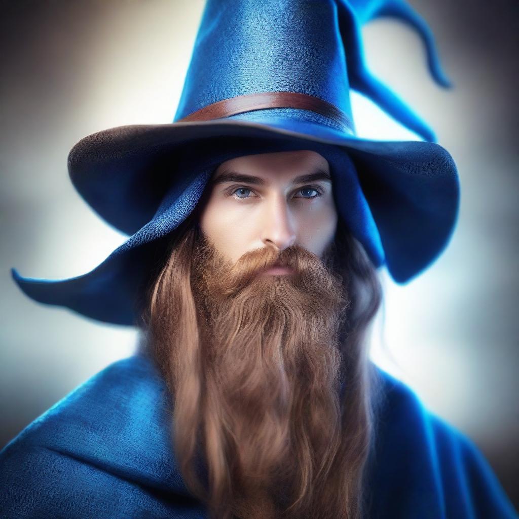 A 30 year old male wizard with a long brown beard, brown eyes, and a neutral facial expression