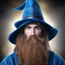 A 30 year old male wizard with a long brown beard, brown eyes, and a neutral facial expression