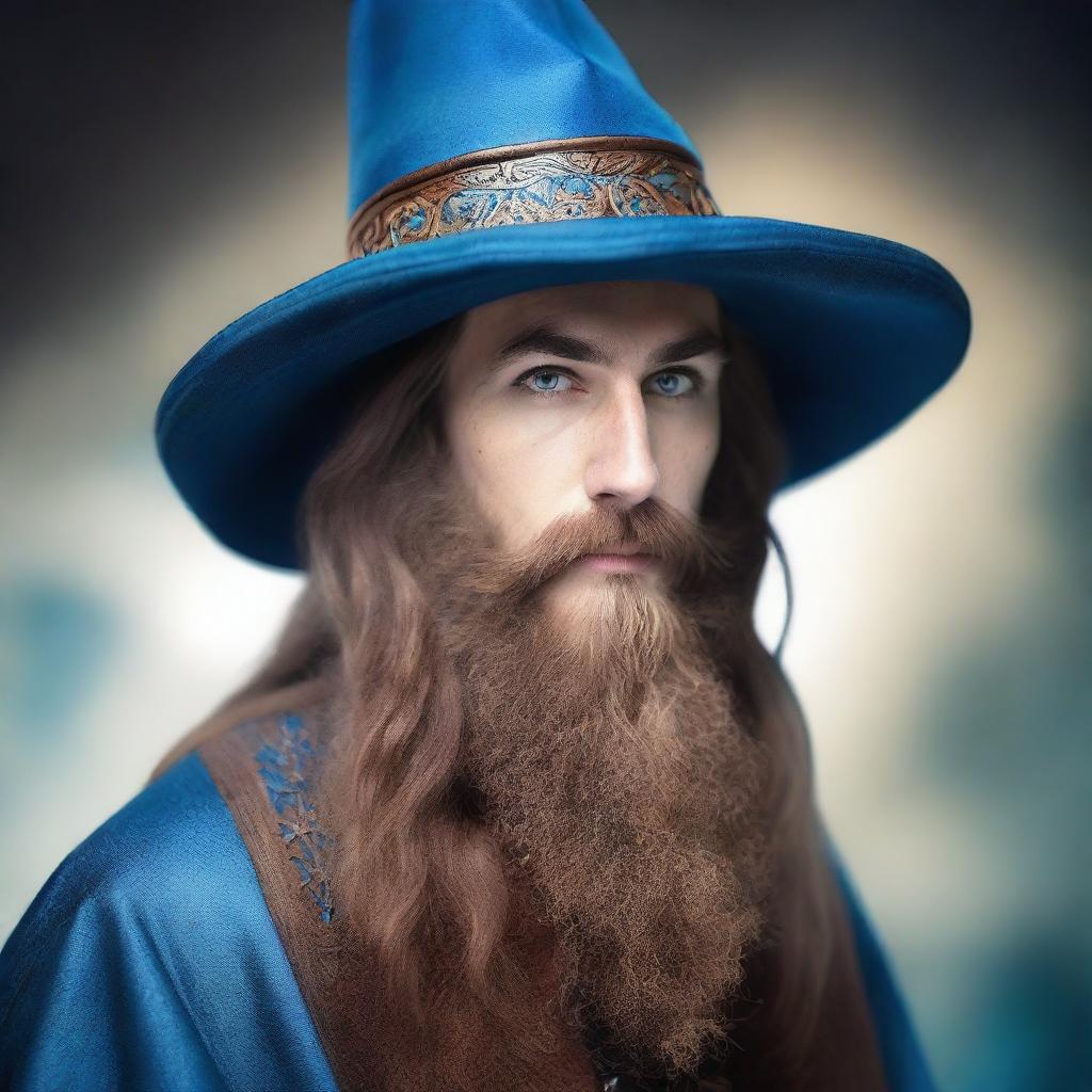 A 30 year old male wizard with a long brown beard, brown eyes, and a neutral facial expression