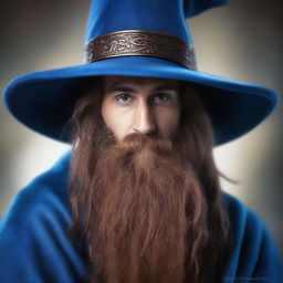 A 30 year old male wizard with a long brown beard, brown eyes, and a neutral facial expression