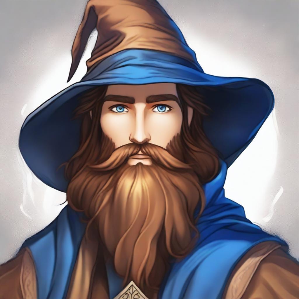 A fantasy drawing of a 30-year-old male wizard with a long brown beard, brown eyes, and a neutral facial expression