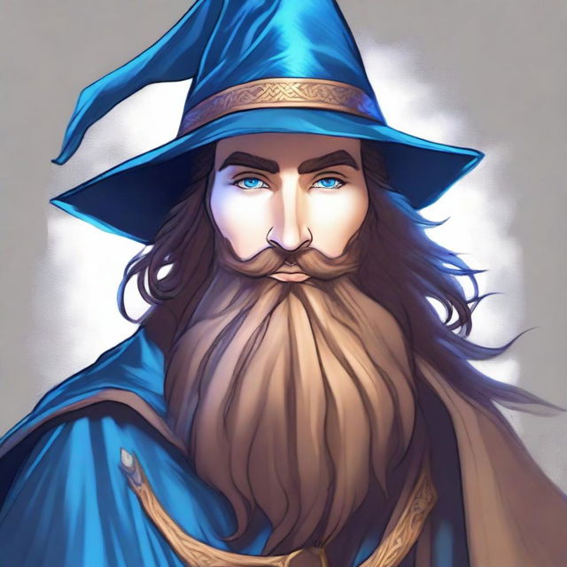 A fantasy drawing of a 30-year-old male wizard with a long brown beard, brown eyes, and a neutral facial expression