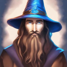 A fantasy drawing of a 30-year-old male wizard with a long brown beard, brown eyes, and a neutral facial expression