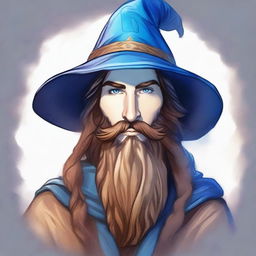 A fantasy drawing of a 30-year-old male wizard with a long brown beard, brown eyes, and a neutral facial expression