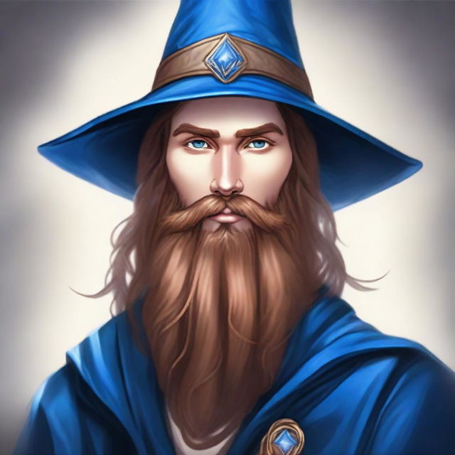 A fantasy drawing of a 30-year-old male wizard with a long brown beard, brown eyes, and a neutral facial expression